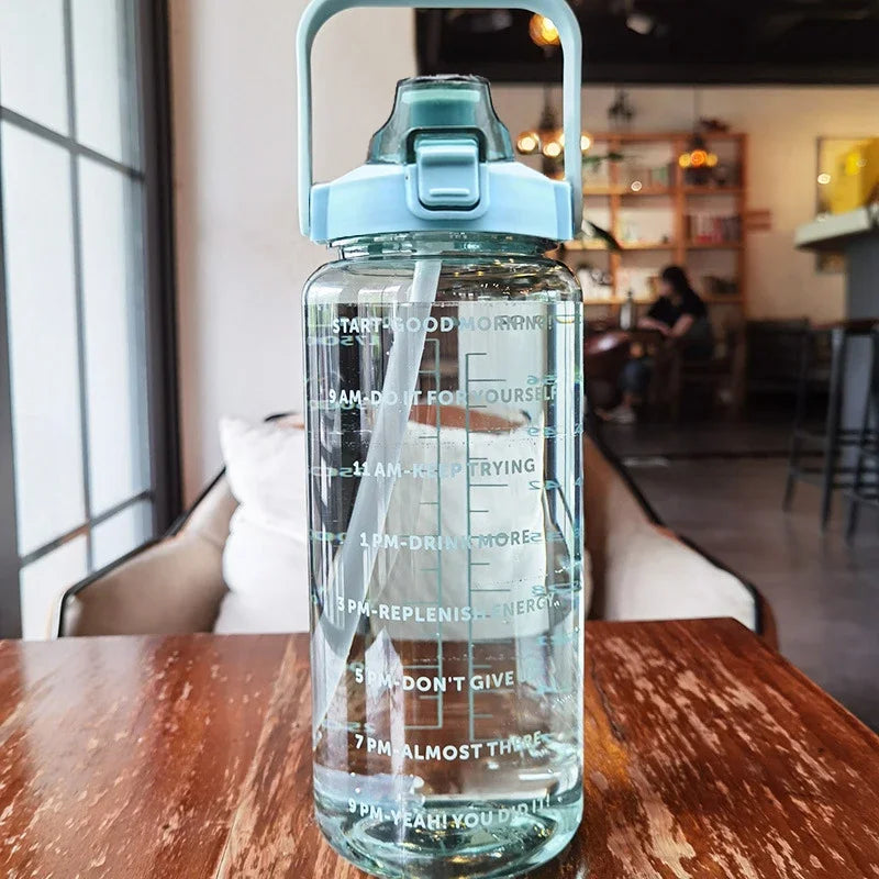 2L Motivational Water Bottle with Straw — Time Markers, One-Click Lid, Wide Mouth, 5 Colors