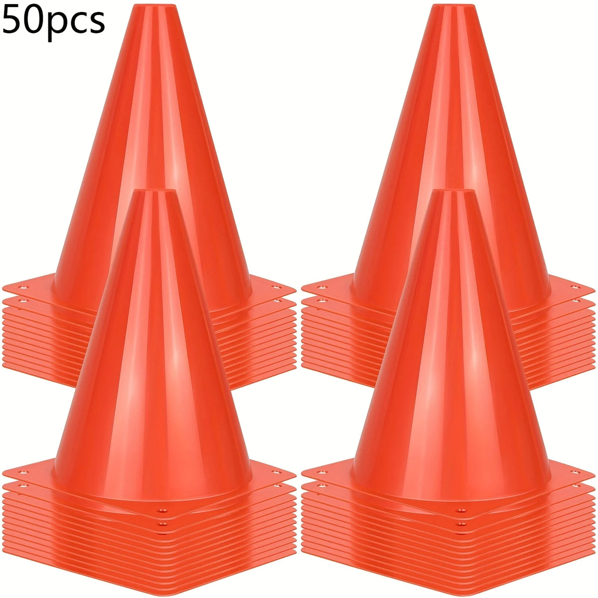 7" Sports Training Cones — Orange Plastic, Sets of 12, 24 or 50, for Soccer, Football, Basketball & Drills