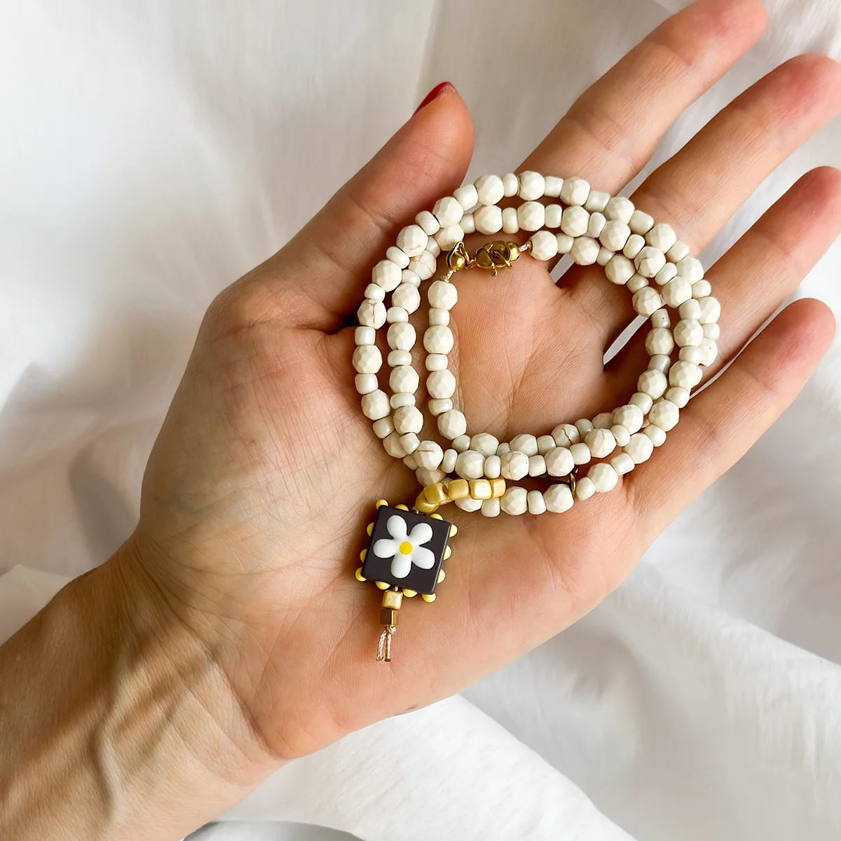 White Turquoise Bead & Heart Glass Pendant Necklace — Stainless Steel, 50cm, Boho Sweater Chain, 4 Styles