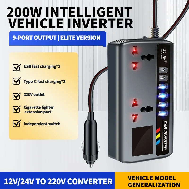 200W Car Power Inverter — 12V to 110V / 24V to 220V, 9 Outputs, AC + USB-C PD + QC3.0 + USB-A