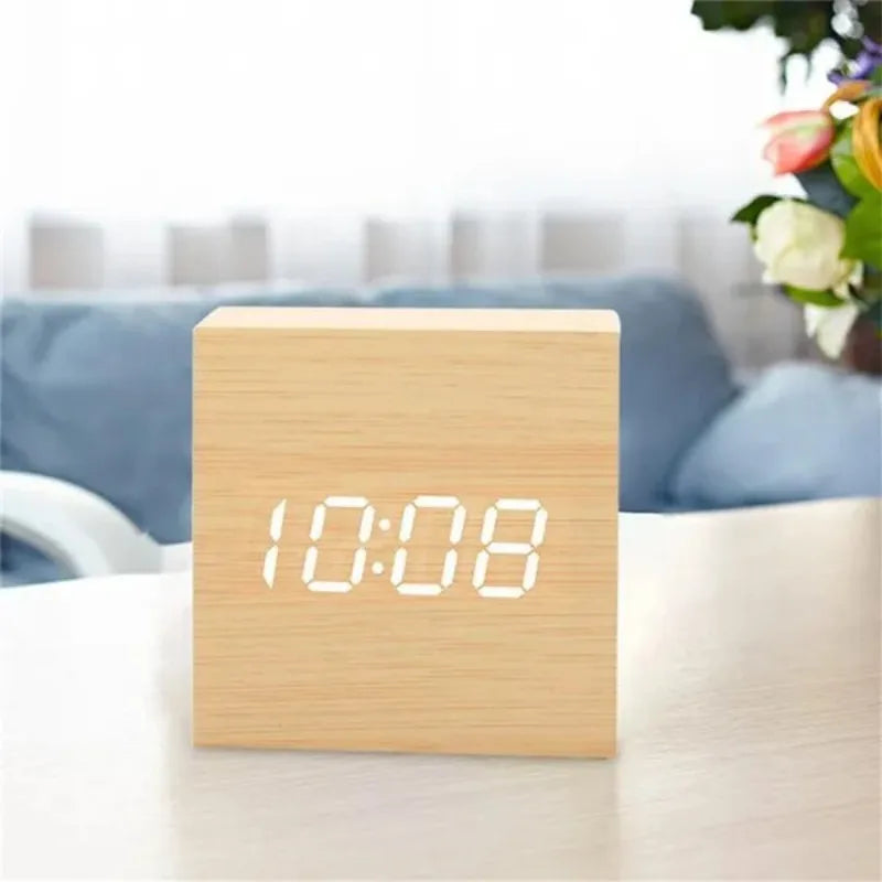 Voice Control LED Alarm Clock – Smart Wood Design with Temperature Display