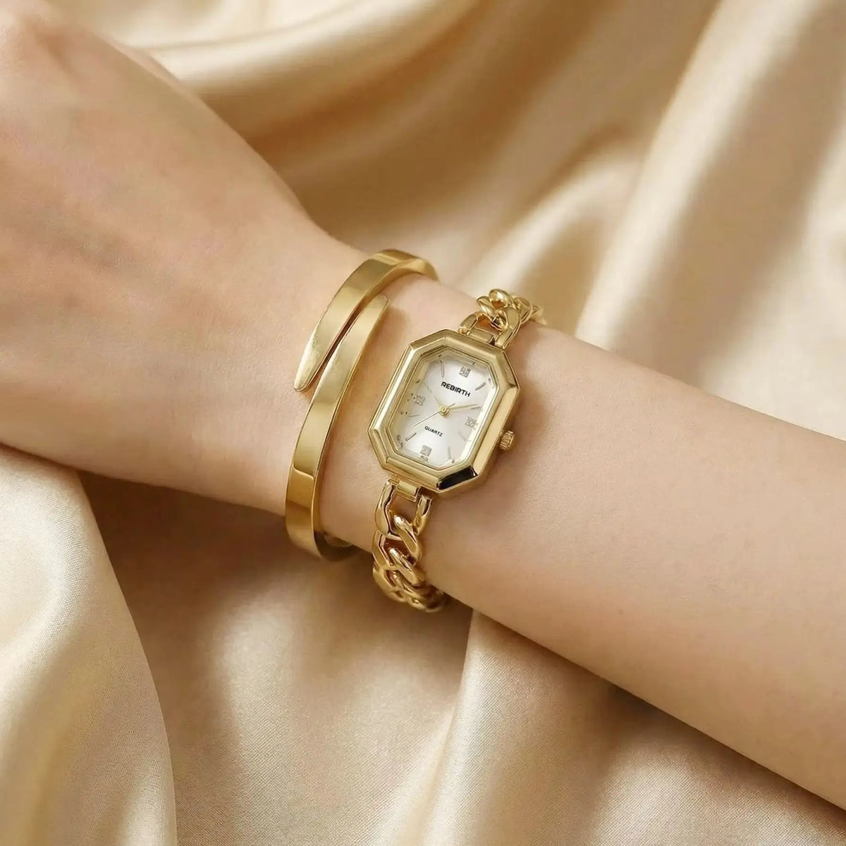 REBIRTH 2-Piece Watch & Bracelet Set — Quartz, Digital Display, Alloy, Gold, 3 Bar Splash Resistant