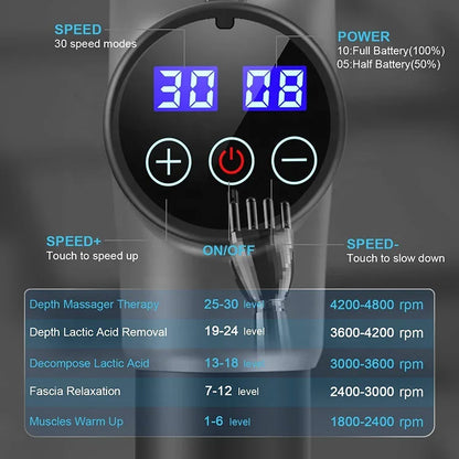 Percussion Massage Gun — 30 Speed Settings, 6 Heads, 3h Battery, Deep Tissue Muscle Recovery
