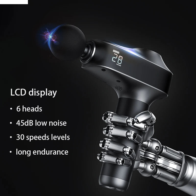 W9 Percussion Massage Gun — 30 Speeds, 10–12mm Stroke, 6 Heads, Type-C Rechargeable, 1-Year Warranty