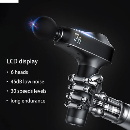 W9 Percussion Massage Gun — 30 Speeds, 10–12mm Stroke, 6 Heads, Type-C Rechargeable, 1-Year Warranty