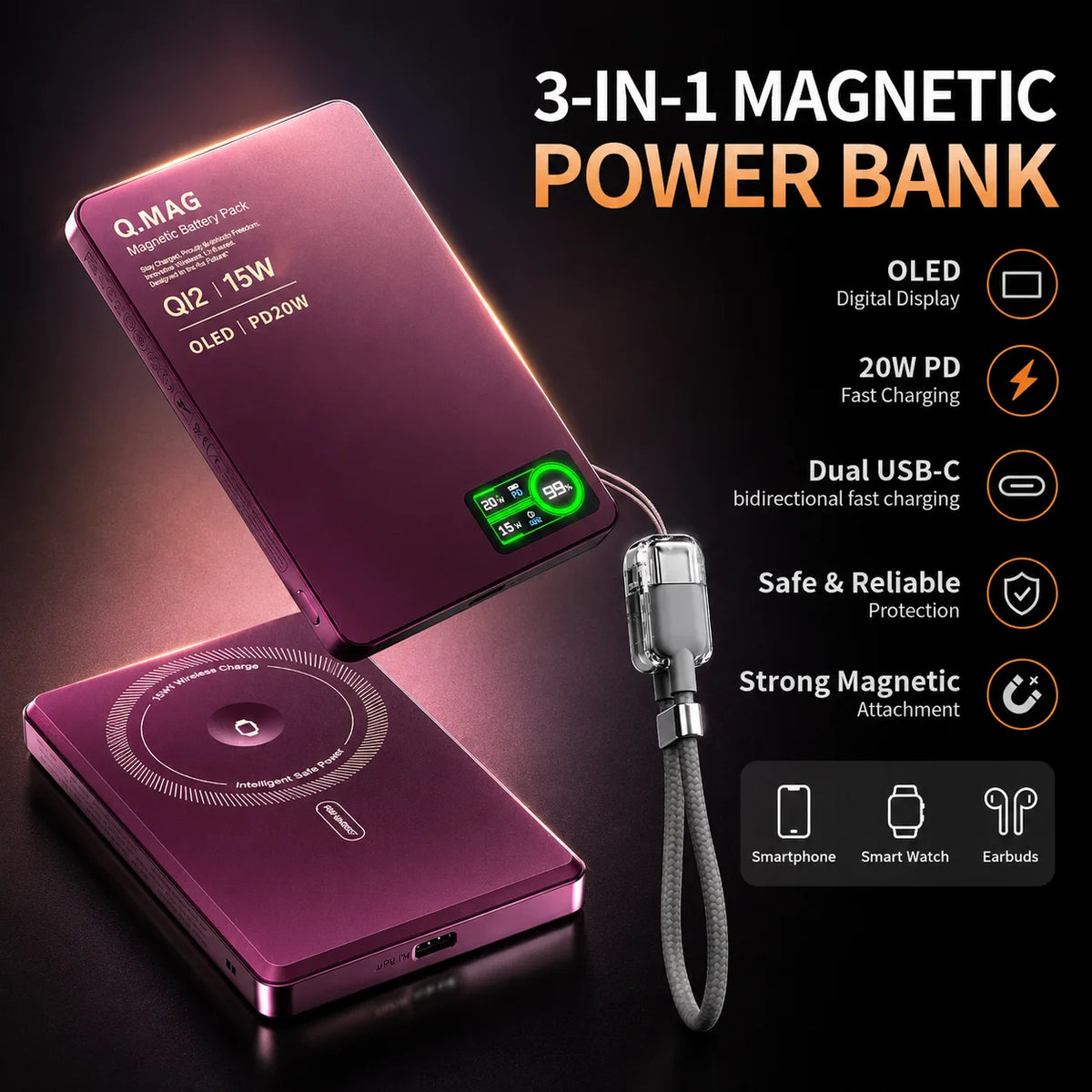 3-in-1 Magnetic Wireless Power Bank — Qi2.1, 15W, LCD Display, 5000 or 10000mAh, iPhone & Apple Watch