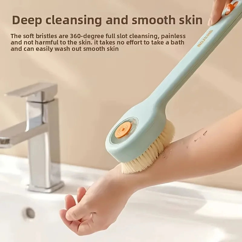 Liquid-Filled Long Handle Bath Brush — Soft Bristles, Back Scrubber, Shower Tool, All Skin Types