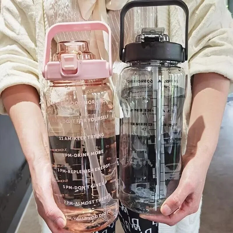 2L Motivational Water Bottle with Straw — Time Markers, One-Click Lid, Wide Mouth, 5 Colors