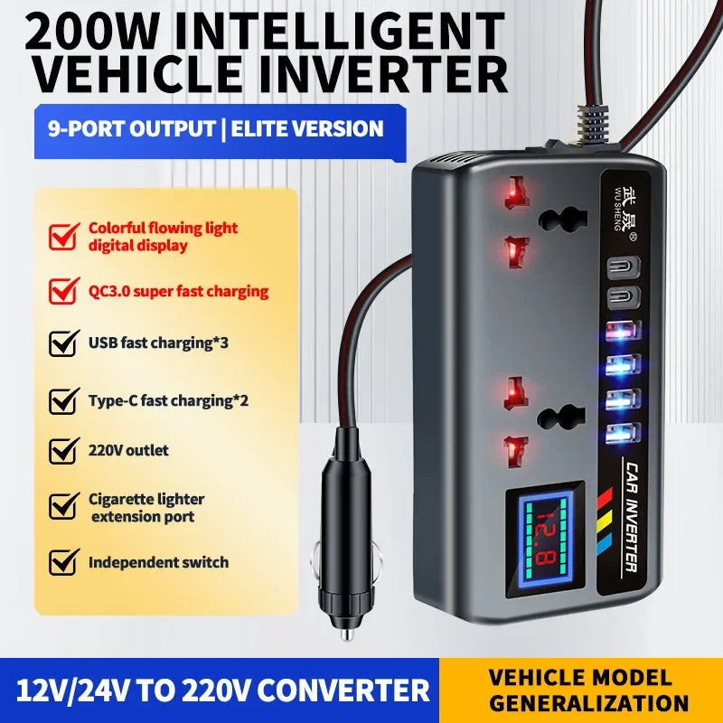 200W Car Power Inverter — 12V to 110V / 24V to 220V, 9 Outputs, AC + USB-C PD + QC3.0 + USB-A