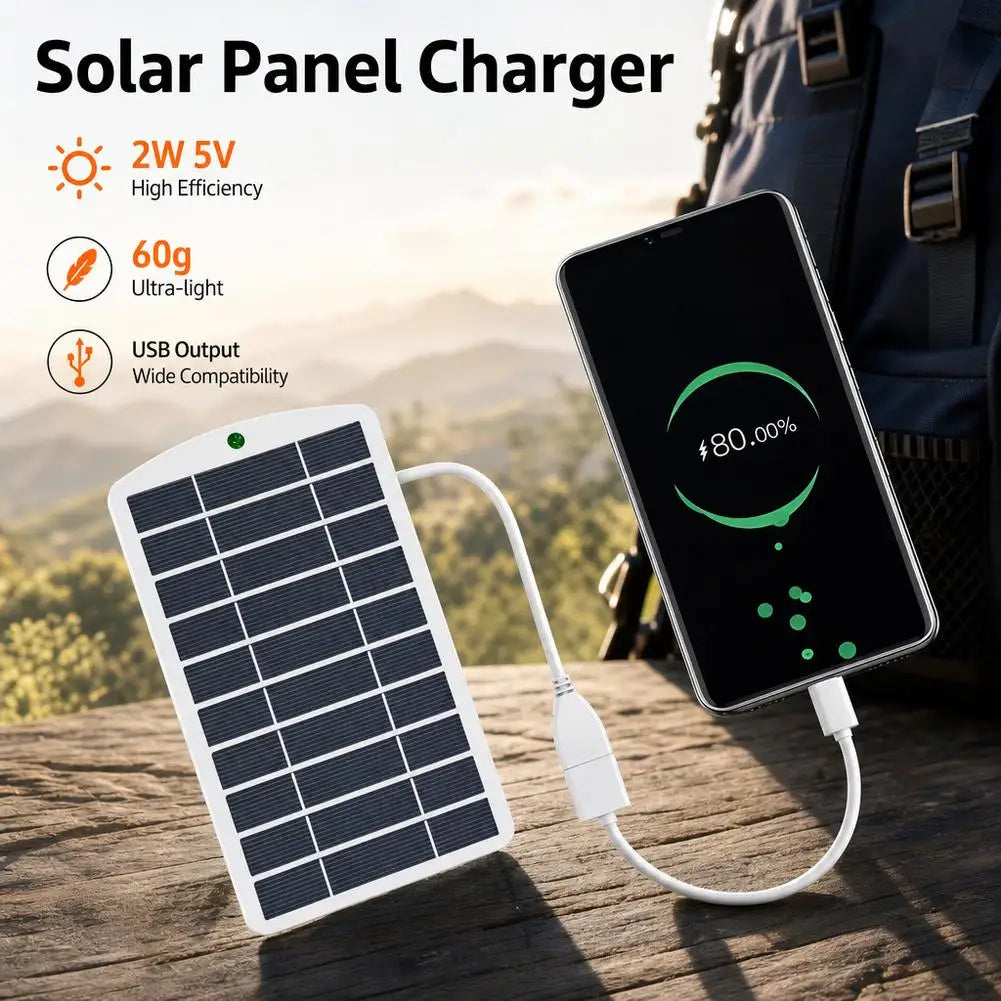 2W Monocrystalline USB Solar Panel Charger — 22% Efficiency, 5V Output, Mountable, Camping & Hiking