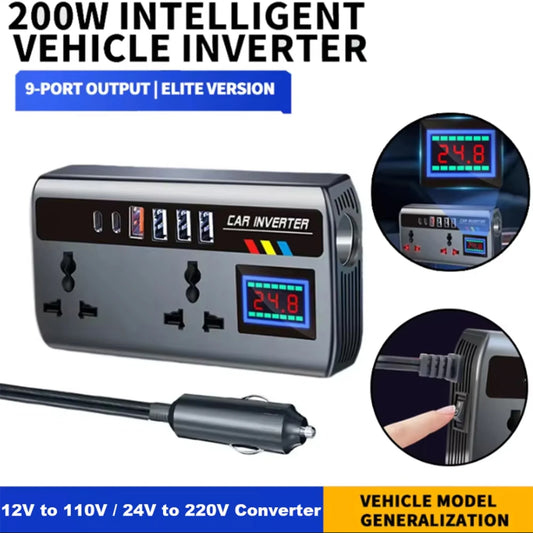 200W Car Power Inverter — 12V to 110V / 24V to 220V, 9 Outputs, AC + USB-C PD + QC3.0 + USB-A