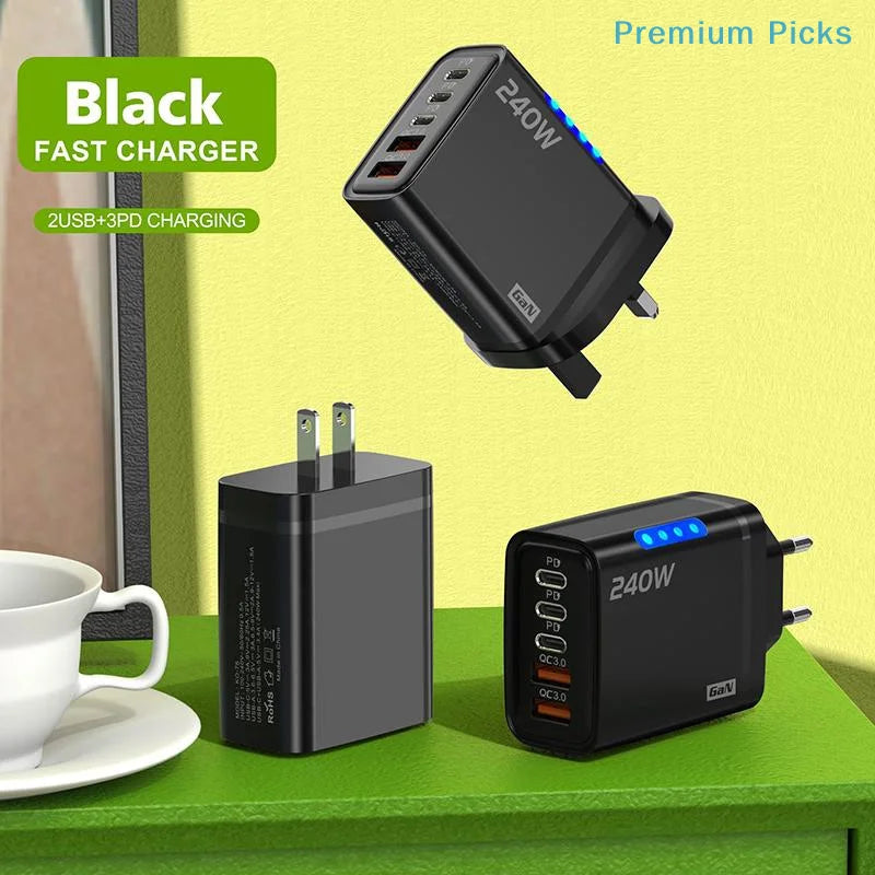 240W 5-Port GaN Wall Charger — 3x USB-C PD + 2x USB-A QC3.0, Compact, CE/UL Certified, US & EU Plug