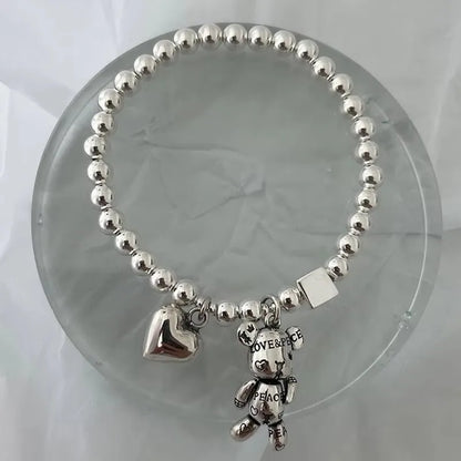 Ventfille 925 Sterling Silver Bear Pendant Bead Bracelet — Zircon, Cuff Style, Vintage Cute, Women’s Fine Jewelry