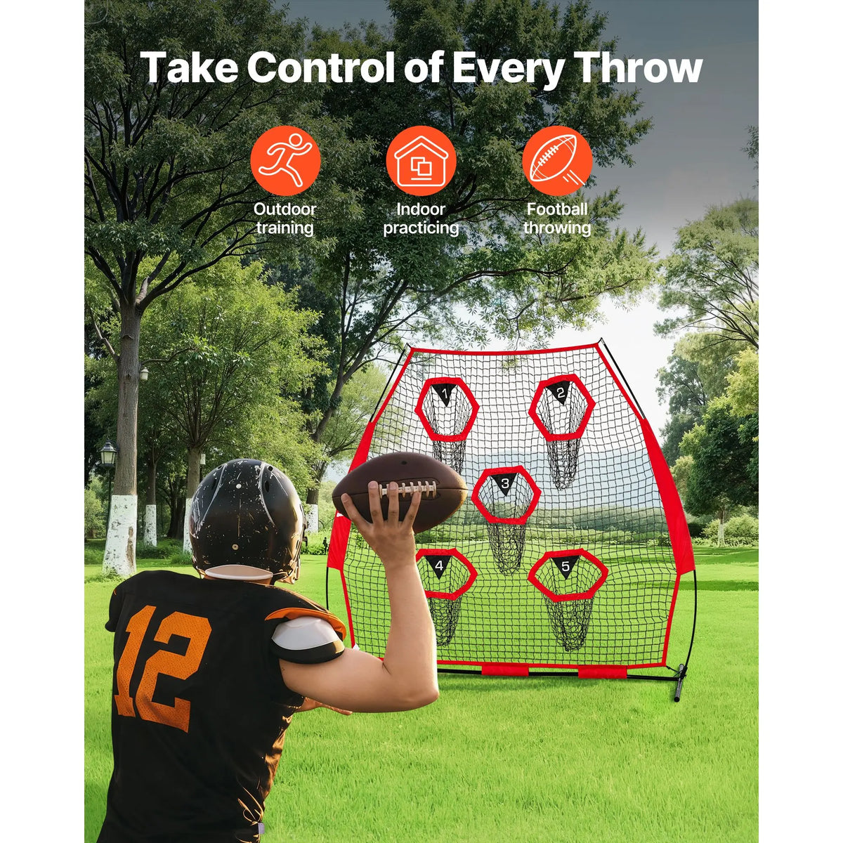 7x7 ft Football Trainer Throwing Net — 5 Target Pockets, Quick Setup, Portable Carry Bag