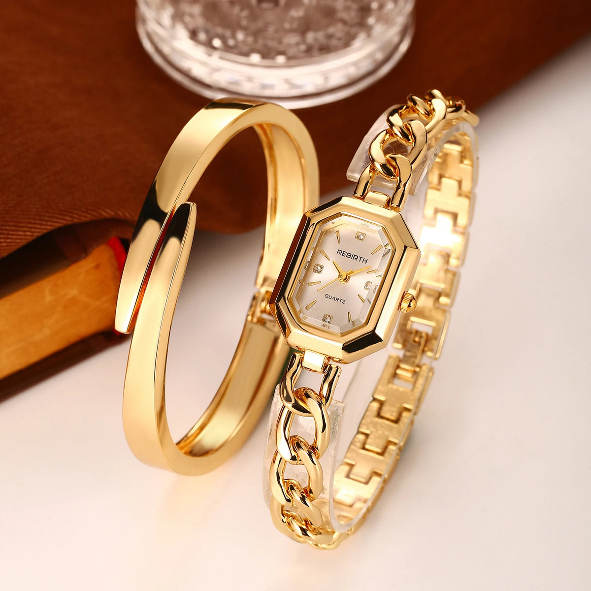 REBIRTH 2-Piece Watch & Bracelet Set — Quartz, Digital Display, Alloy, Gold, 3 Bar Splash Resistant