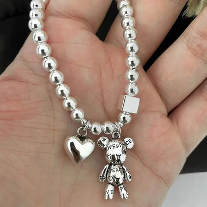 Ventfille 925 Sterling Silver Bear Pendant Bead Bracelet — Zircon, Cuff Style, Vintage Cute, Women’s Fine Jewelry