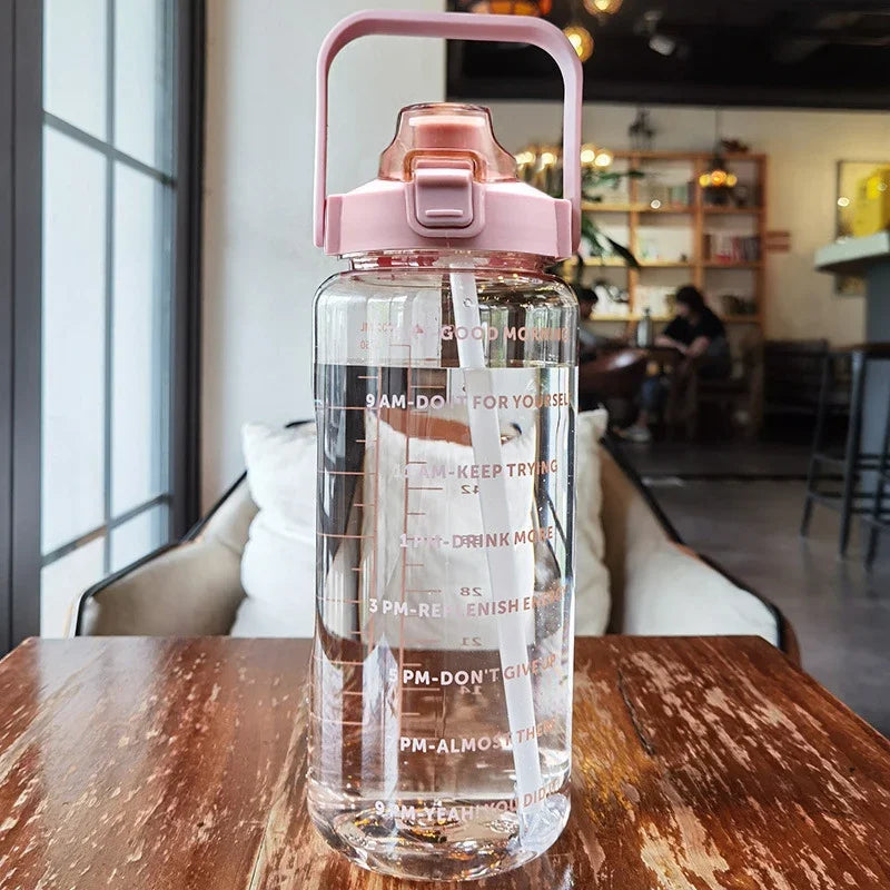 2L Motivational Water Bottle with Straw — Time Markers, One-Click Lid, Wide Mouth, 5 Colors
