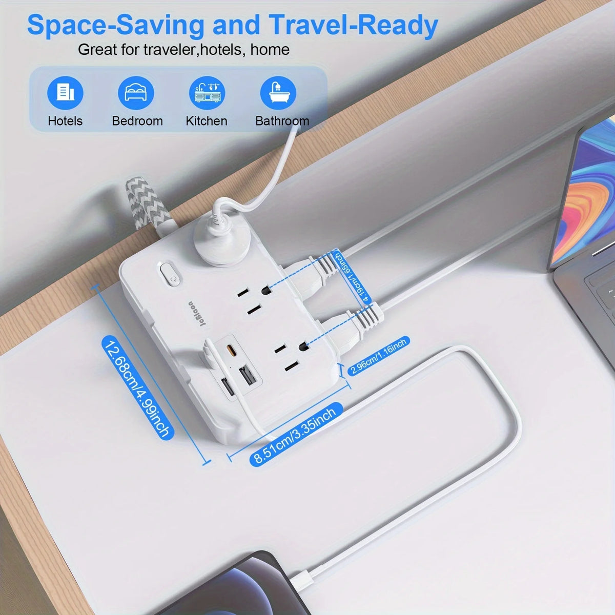 Power Strip with USB-C — 3 AC Outlets, 3 USB Ports, Surge Protection, Flat Plug