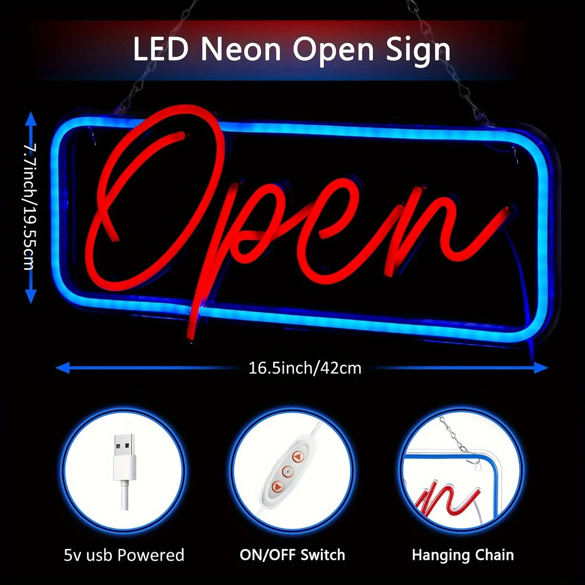 LED OPEN Sign — Colorful Neon-Style, On/Off Switch, Wall Hanging, 42x19.5cm, for Shops & Businesses