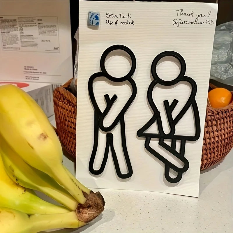 Funny Bathroom Door Signs — Men & Women 2-Piece Set, Matte Black Plastic, No-Drill Install