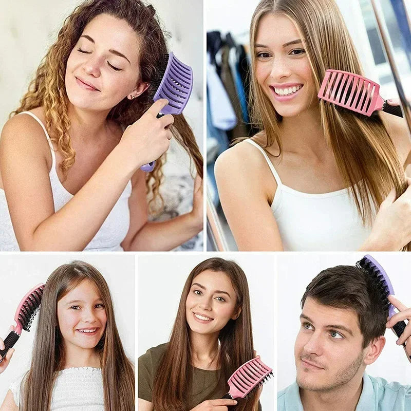 Boar Bristle Scalp Massage Hairbrush — Anti-Static, Detangling, Straight & Curly Hair, 7 Colors