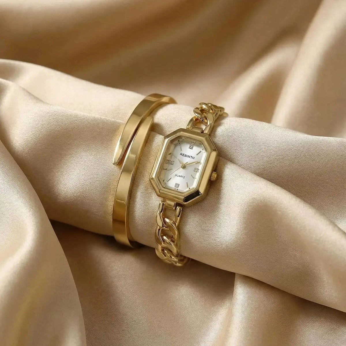 REBIRTH 2-Piece Watch & Bracelet Set — Quartz, Digital Display, Alloy, Gold, 3 Bar Splash Resistant