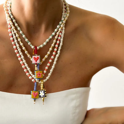 White Turquoise Bead & Heart Glass Pendant Necklace — Stainless Steel, 50cm, Boho Sweater Chain, 4 Styles