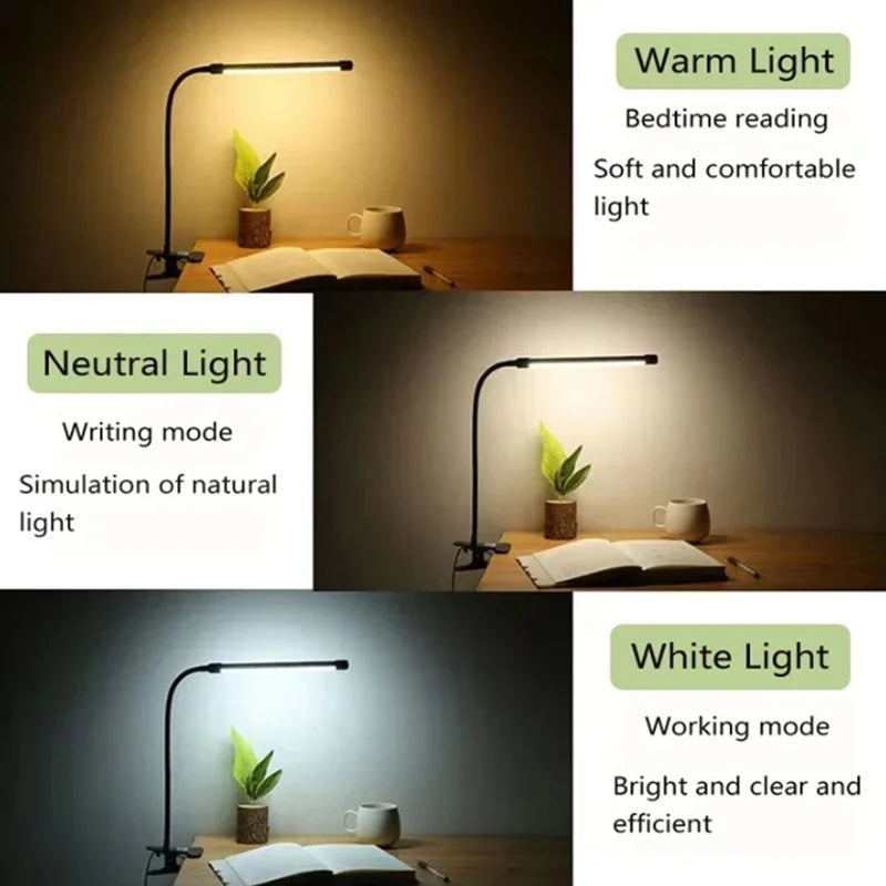 Clip-On LED Desk Lamp — Dimmable Reading Light for Bedroom, Dorm & Study
