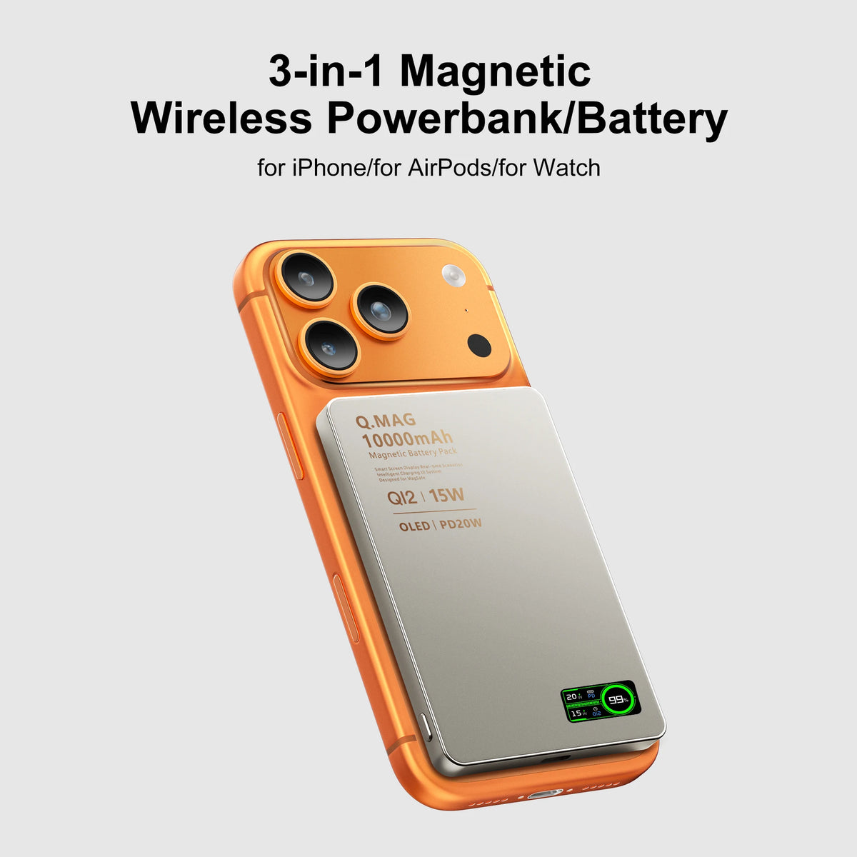 3-in-1 Magnetic Wireless Power Bank — Qi2.1, 15W, LCD Display, 5000 or 10000mAh, iPhone & Apple Watch