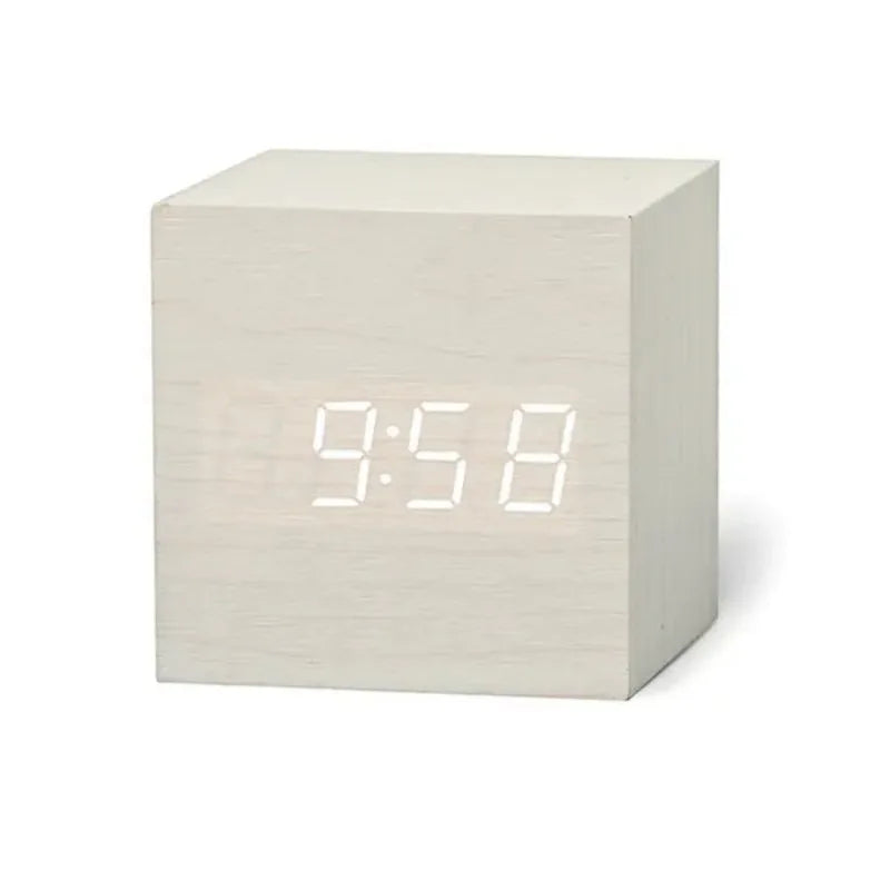 Voice Control LED Alarm Clock – Smart Wood Design with Temperature Display
