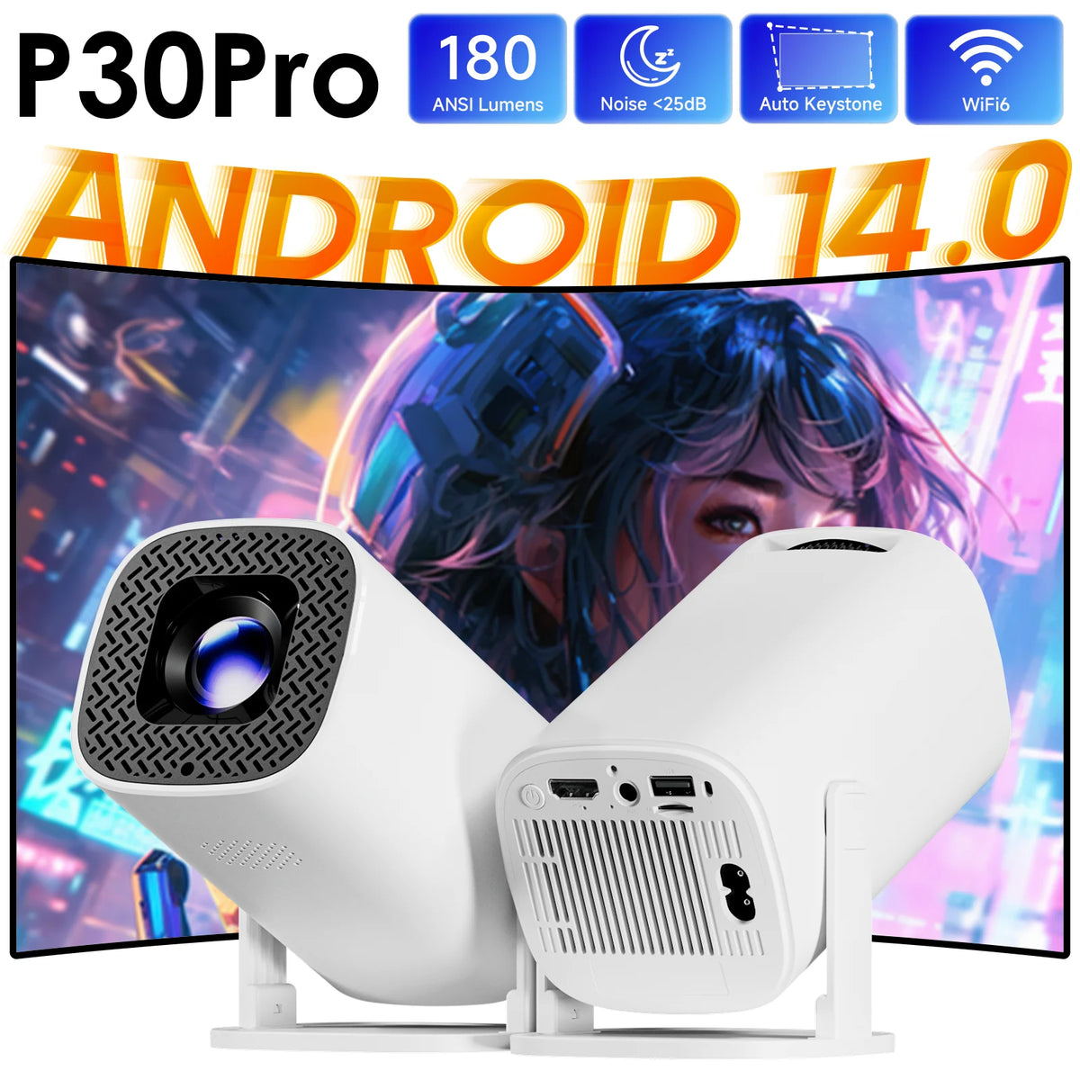 P30 Pro Smart Mini Projector — Android 14, WiFi 6, Bluetooth 5.0, 4K Support