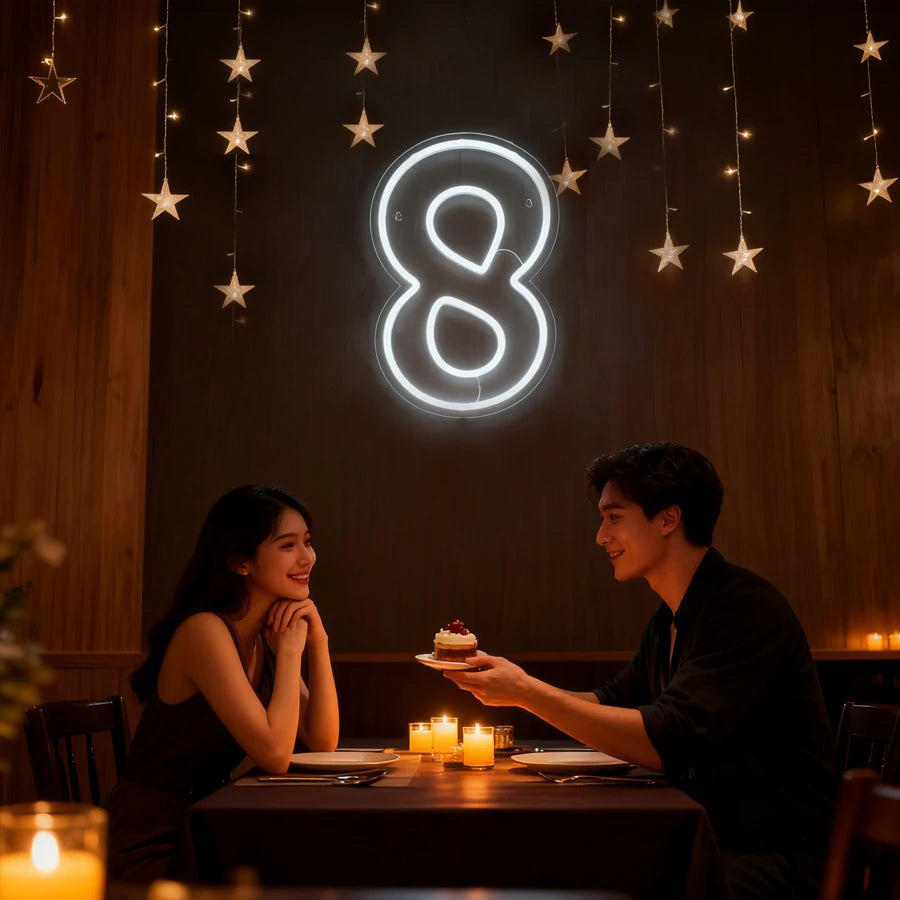 LED Neon Number Sign (0–9) — White, USB-Powered, Acrylic, Wall Decor for Birthdays & Events