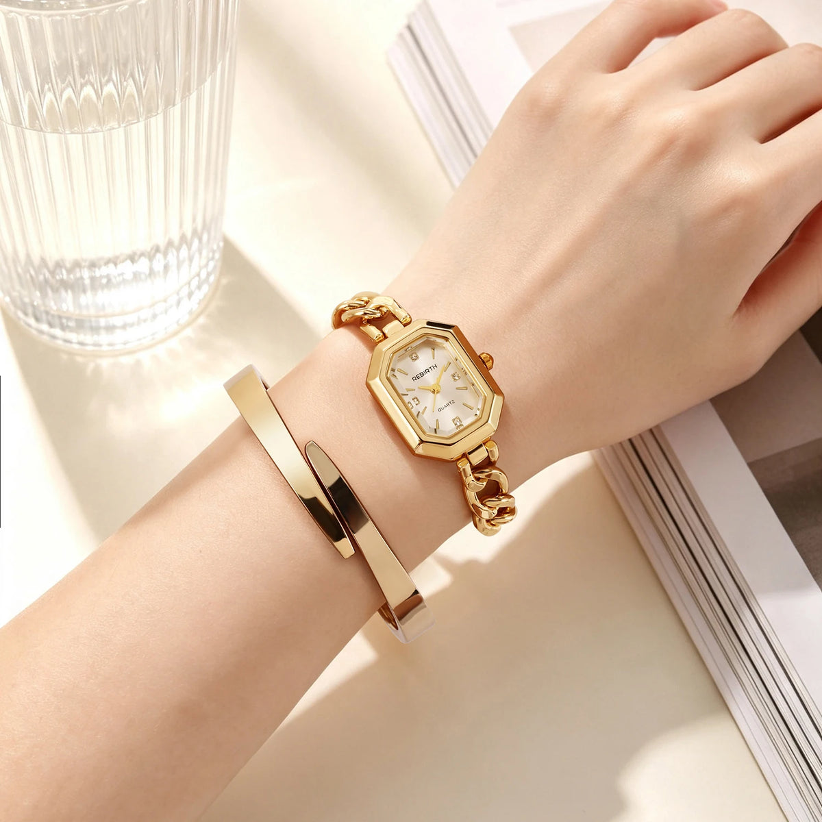 REBIRTH 2-Piece Watch & Bracelet Set — Quartz, Digital Display, Alloy, Gold, 3 Bar Splash Resistant