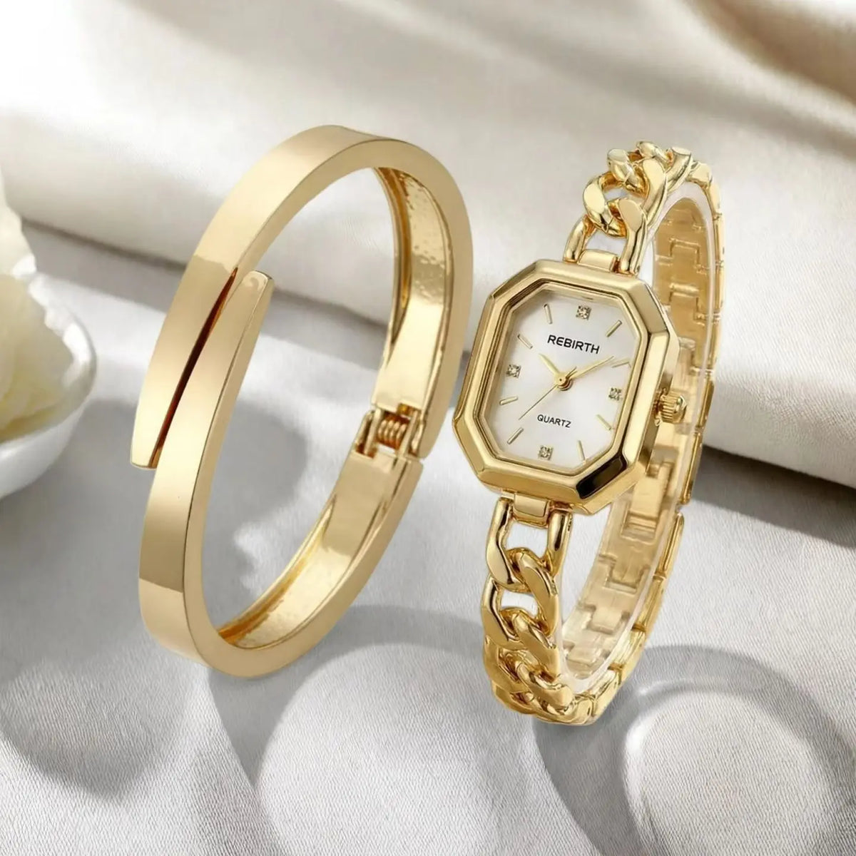 REBIRTH 2-Piece Watch & Bracelet Set — Quartz, Digital Display, Alloy, Gold, 3 Bar Splash Resistant