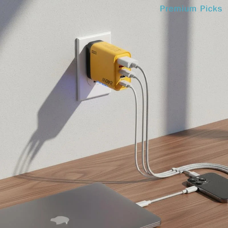 240W 5-Port GaN Wall Charger — 3x USB-C PD + 2x USB-A QC3.0, Compact, CE/UL Certified, US & EU Plug