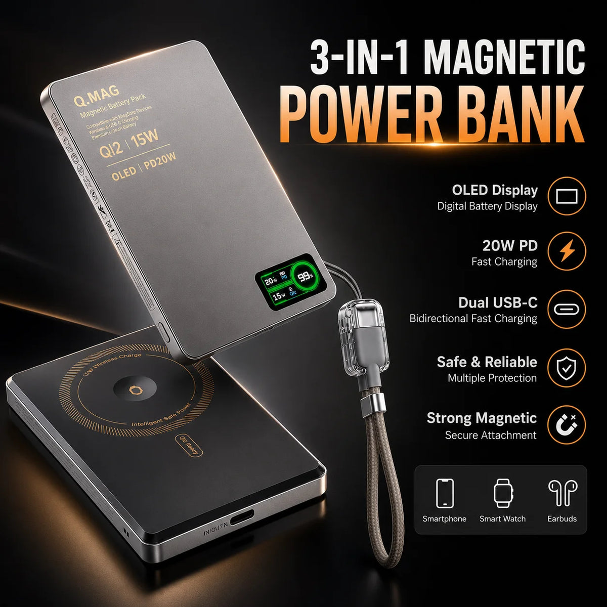 3-in-1 Magnetic Wireless Power Bank — Qi2.1, 15W, LCD Display, 5000 or 10000mAh, iPhone & Apple Watch