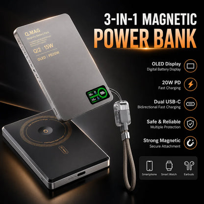 3-in-1 Magnetic Wireless Power Bank — Qi2.1, 15W, LCD Display, 5000 or 10000mAh, iPhone & Apple Watch