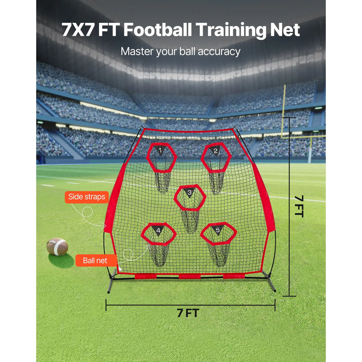 7x7 ft Football Trainer Throwing Net — 5 Target Pockets, Quick Setup, Portable Carry Bag