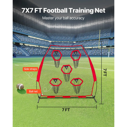 7x7 ft Football Trainer Throwing Net — 5 Target Pockets, Quick Setup, Portable Carry Bag