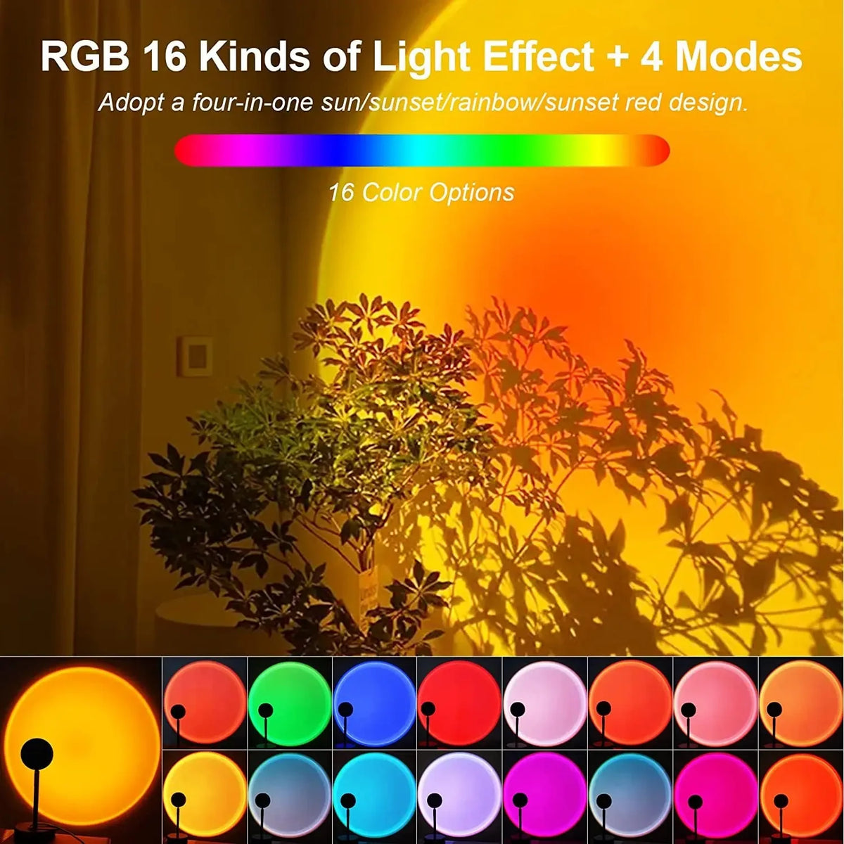 RGB Sunset Lamp — 16-Color Dimmable LED Mood Light for Room Decor & Photography