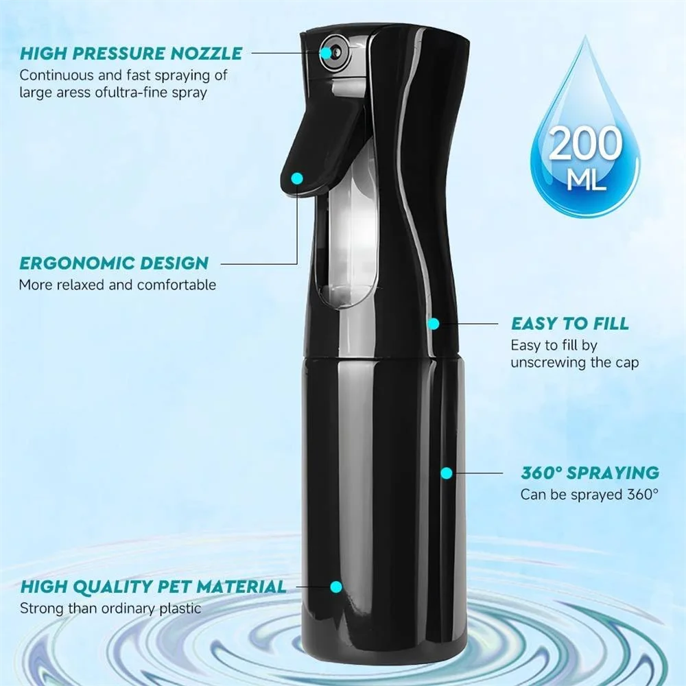Refillable Fine Mist Spray Bottle — Continuous Trigger Spray, 200ml or 300ml, Hair, Skincare & Home Use