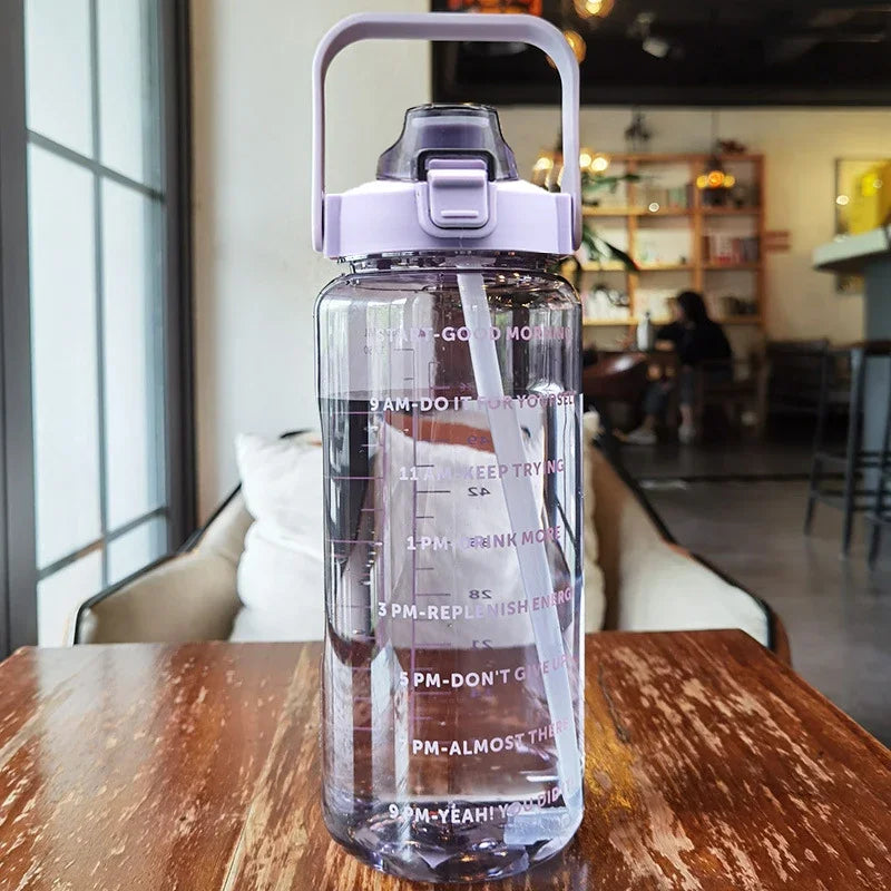 2L Motivational Water Bottle with Straw — Time Markers, One-Click Lid, Wide Mouth, 5 Colors