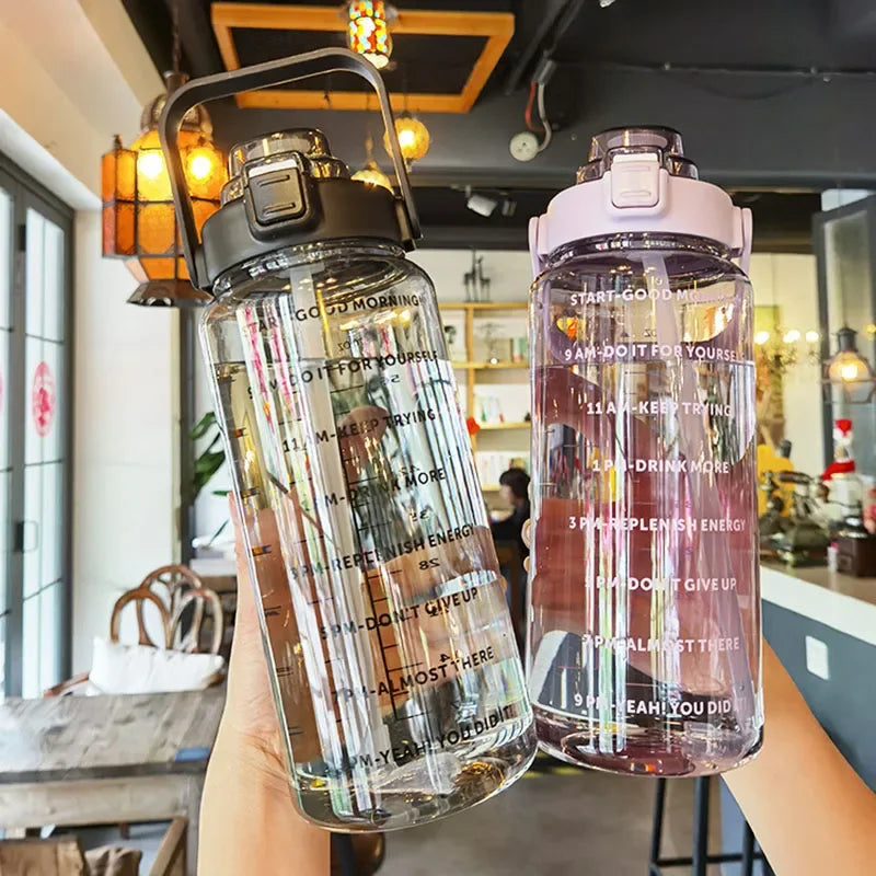 2L Motivational Water Bottle with Straw — Time Markers, One-Click Lid, Wide Mouth, 5 Colors