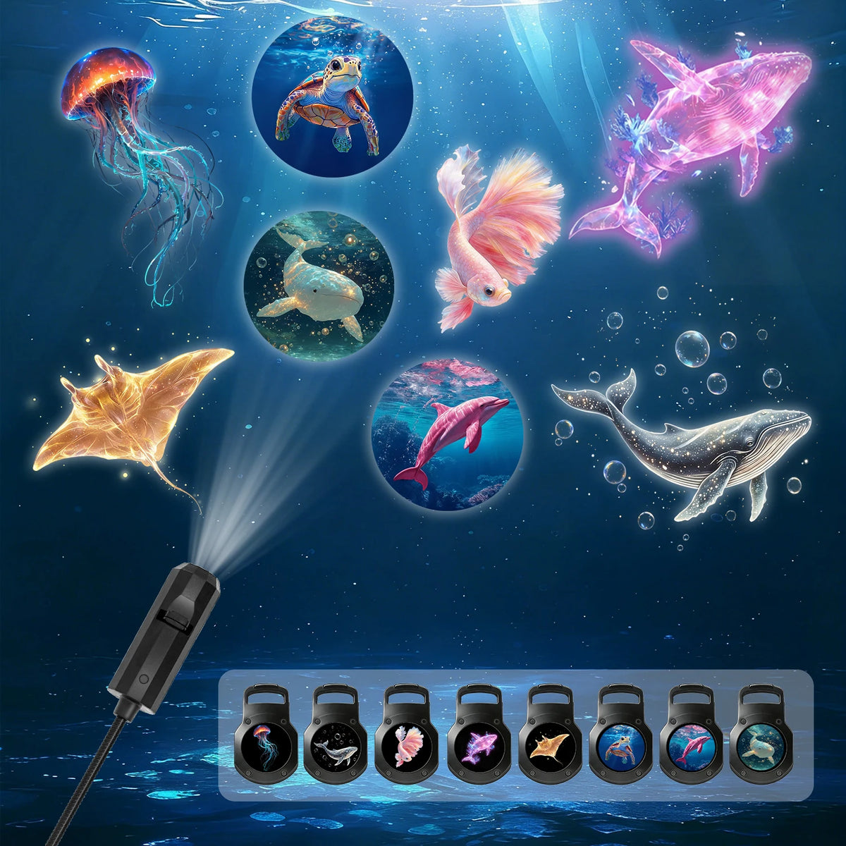 Marine Life Projector Night Light — 8 Ocean Scene Panels, 360° Rotation, USB Powered
