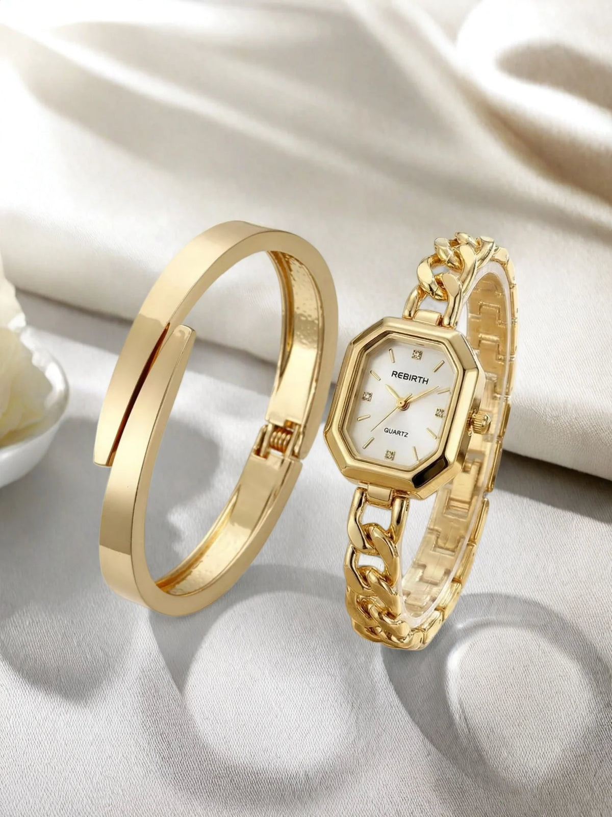 REBIRTH 2-Piece Watch & Bracelet Set — Quartz, Digital Display, Alloy, Gold, 3 Bar Splash Resistant