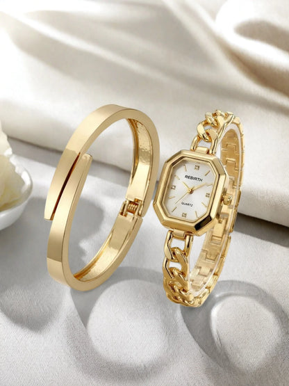 REBIRTH 2-Piece Watch & Bracelet Set — Quartz, Digital Display, Alloy, Gold, 3 Bar Splash Resistant