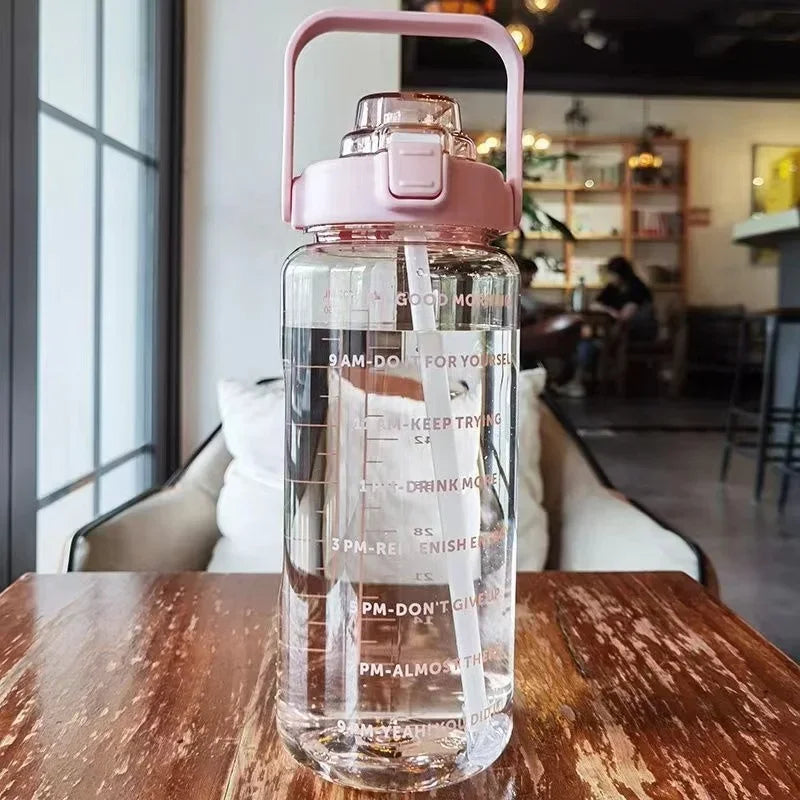 2L Motivational Water Bottle with Straw — Time Markers, One-Click Lid, Wide Mouth, 5 Colors