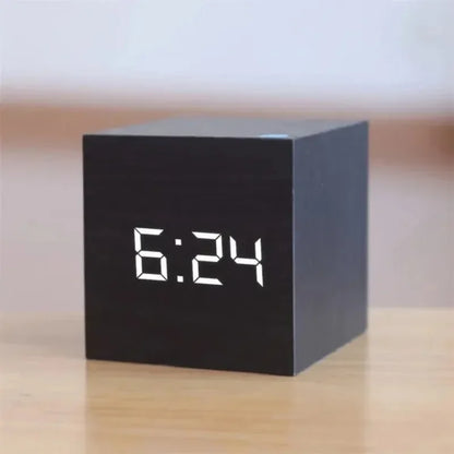 Voice Control LED Alarm Clock – Smart Wood Design with Temperature Display