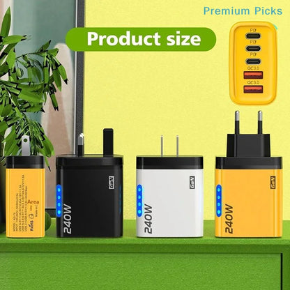 240W 5-Port GaN Wall Charger — 3x USB-C PD + 2x USB-A QC3.0, Compact, CE/UL Certified, US & EU Plug