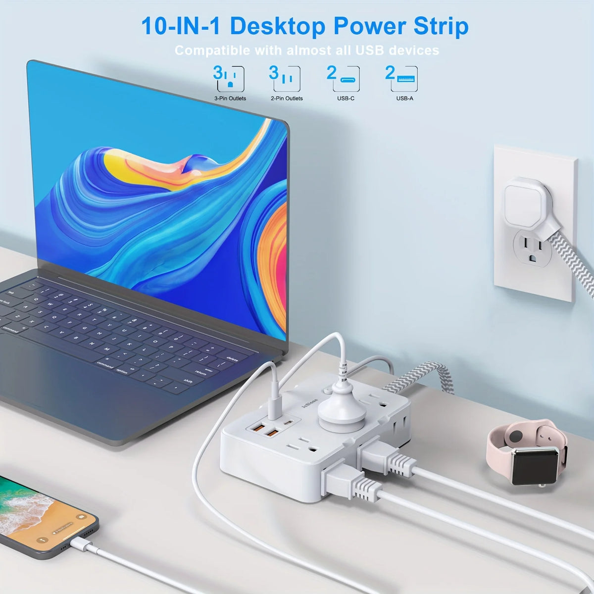 Power Strip with USB-C — 3 AC Outlets, 3 USB Ports, Surge Protection, Flat Plug